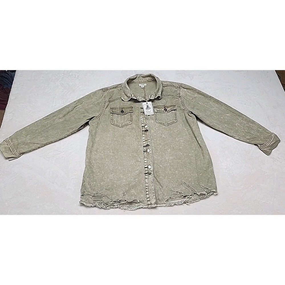 NWT Easel Denim Distressed Acid Wash Green Button Up Long Sleeve Shirt Medium